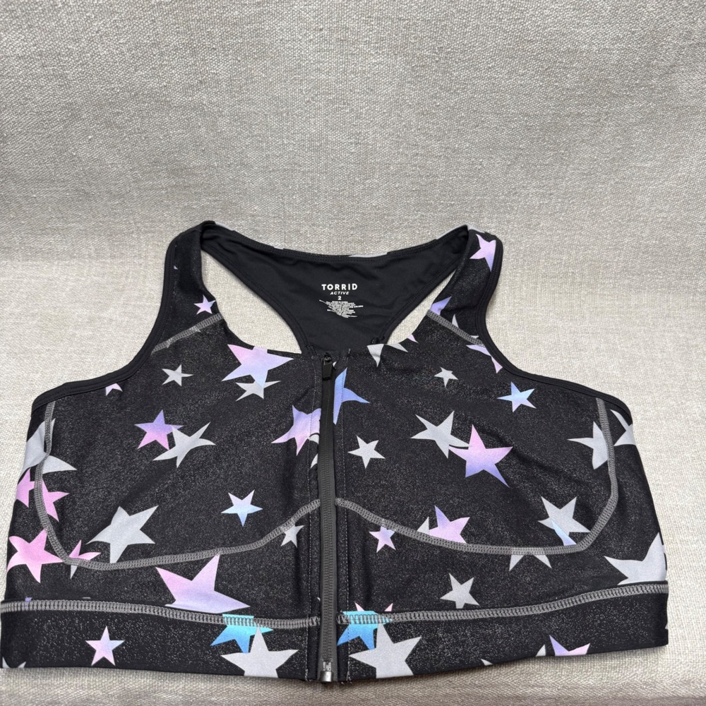 Torrid Active Zip Front Sports Bra Size 2 Plus Black Star Print Glitter Shimmer